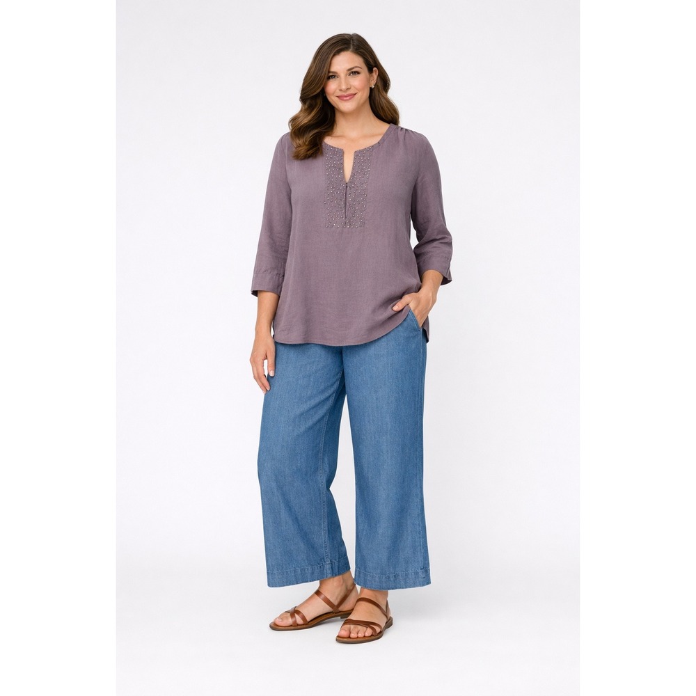 Eileen Fisher Irish Linen Tunic Womens Small Gray Beaded Keyhole 3/4 Sleeve Top